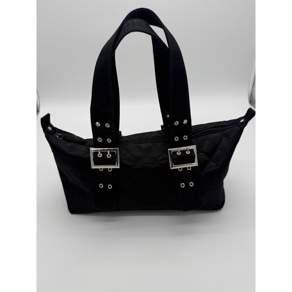 Vintage 90s Black Quilted Nylon Satchel Bag Silver Hardware Buckles Grunge Y2K